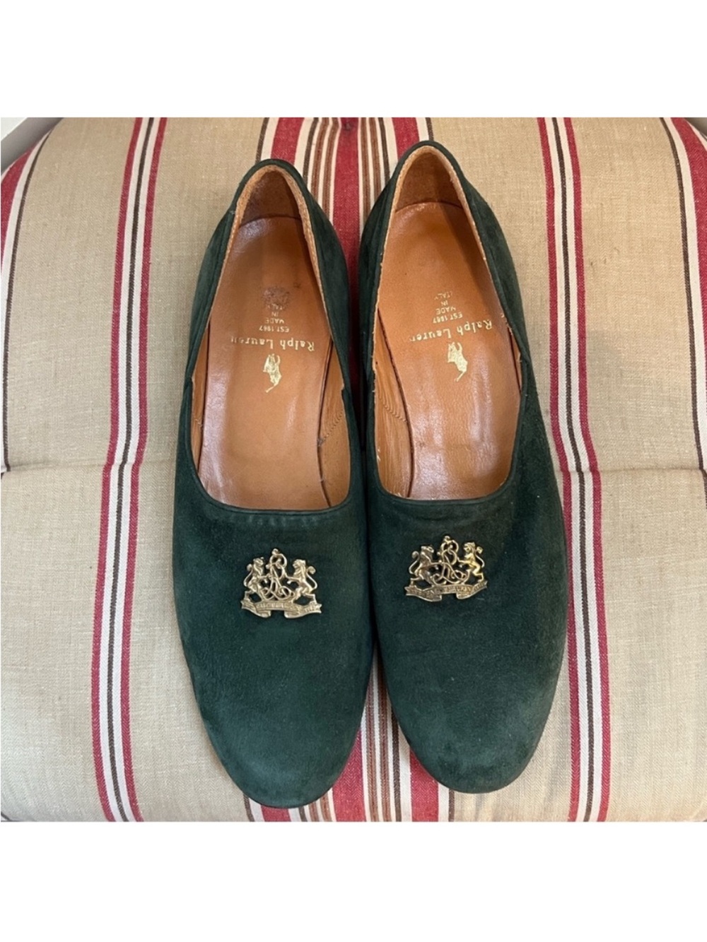 Ralph Lauren Forest Green Suede Loafers with Gold emblem - Picture 8 of 13